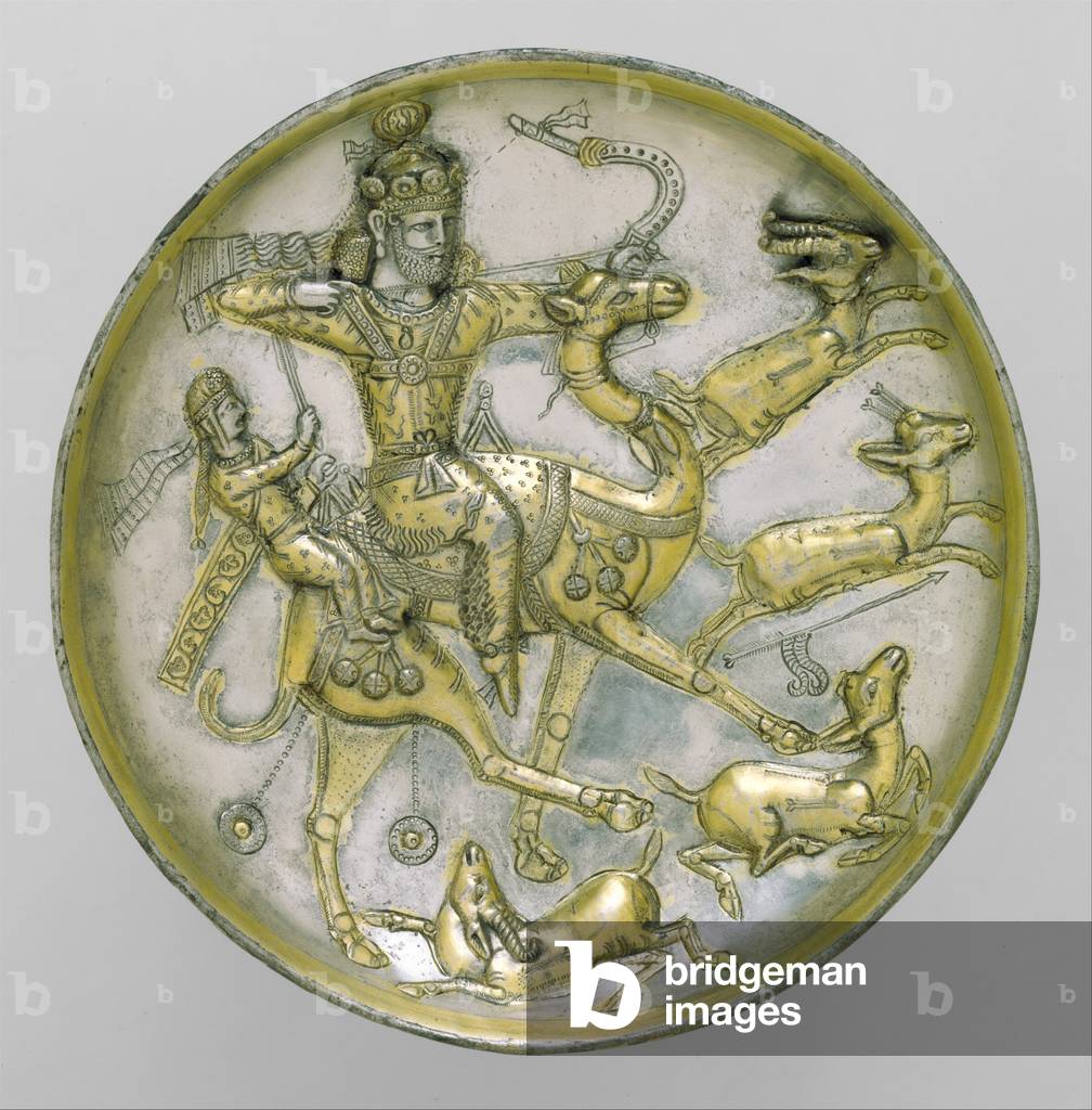 Plate with a hunting scene from the tale of Bahram Gur and Azadeh, c.5th century (silver & mercury gilding)