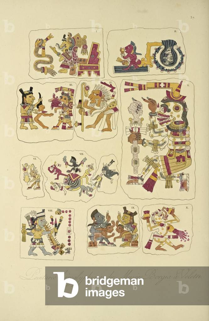 Hieroglyphic Paintings from the Borgia Museum, Veletri, illustration from 'Vues des Cordillères et Monumens des Peuples Indigènes de l'Amérique' by Alexander von Humboldt and Aime Bonpland, 1813 (hand-coloured engraving)