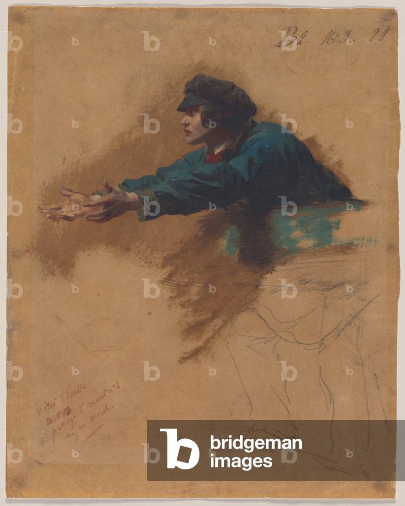 Junger Mann lehnt sich mit ausgestreckten Armen nach vorne (Studie für Soldaten, die Brot an die Armen verteil