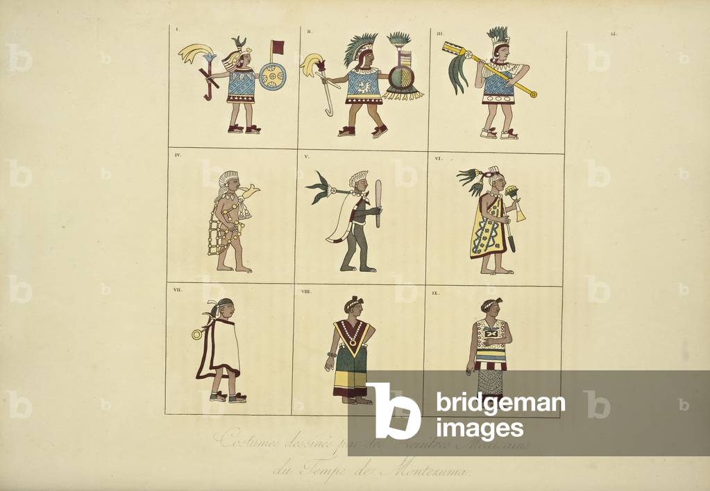 Costumes Designed by the Mexican Painters of the Time of Montezuma, illustration from 'Vues des Cordillères et Monumens des Peuples Indigènes de l'Amérique' by Alexander von Humboldt and Aime Bonpland, 1813 (hand-coloured engraving)