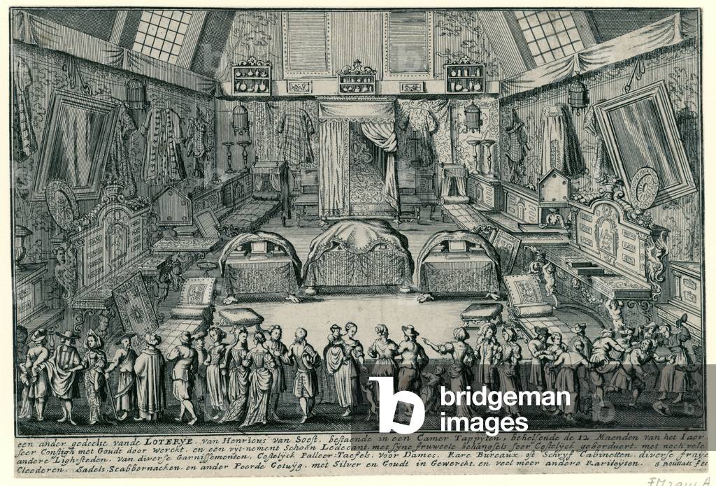 The lottery of Henricus van Soest in Antwerp, 1695 (etching)