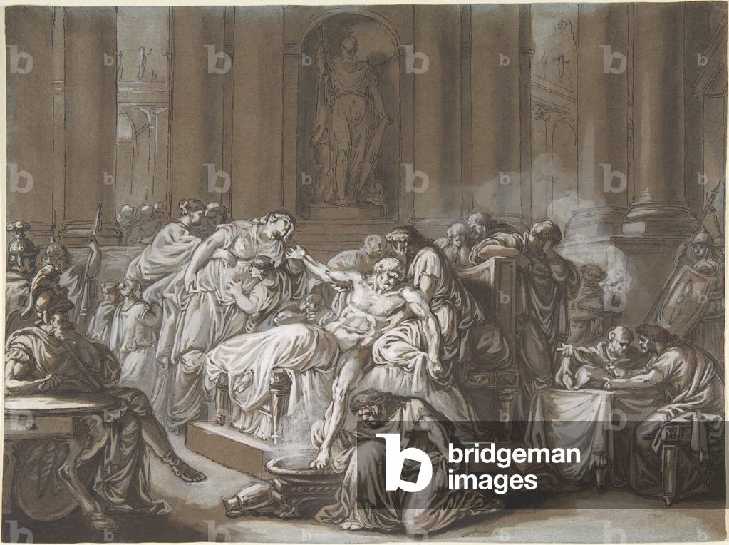The Death of Seneca (pen & black ink, brush and brown wash, heightened with white gouache on blue paper)