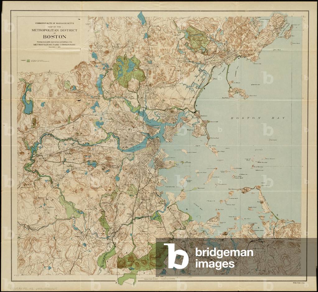 Map of the metropolitan district of Boston, Massachusetts : showing local public reservations and holdings of the Metropolitan Park Commission, 1901 (colour litho)
