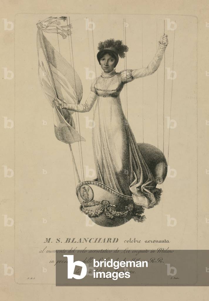 Sophie Blanchard in the basket of her balloon during her Milan flight in the presence Napoleon, 1811 (lithograph)