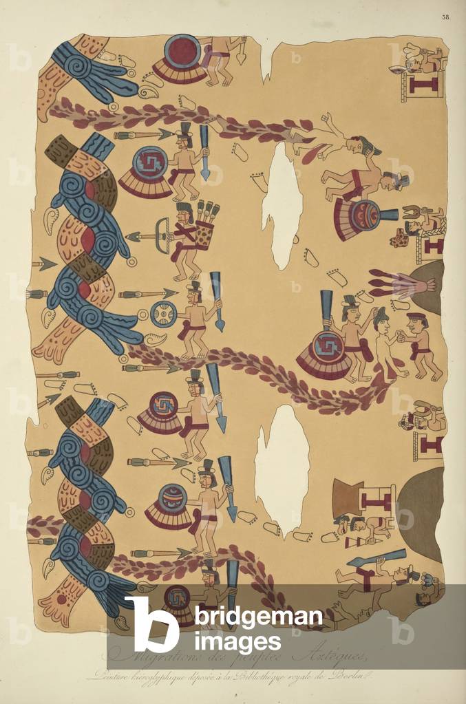 Migration of the Aztec Peoples, Hieroglyphic Painting Conserved at the Royal Library, Berlin, illustration from 'Vues des Cordillères et Monumens des Peuples Indigènes de l'Amérique' by Alexander von Humboldt and Aime Bonpland, 1813 (hand-coloured engraving)