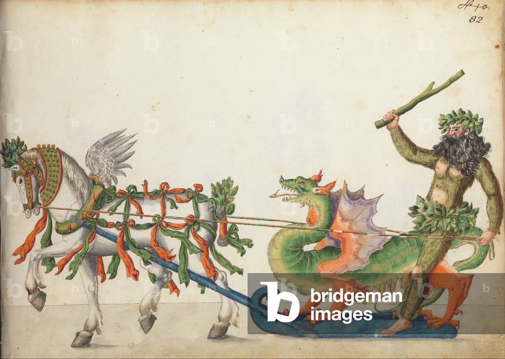 Pageant sleigh in parade, c.1640 (pen and ink, watercolour and washes)