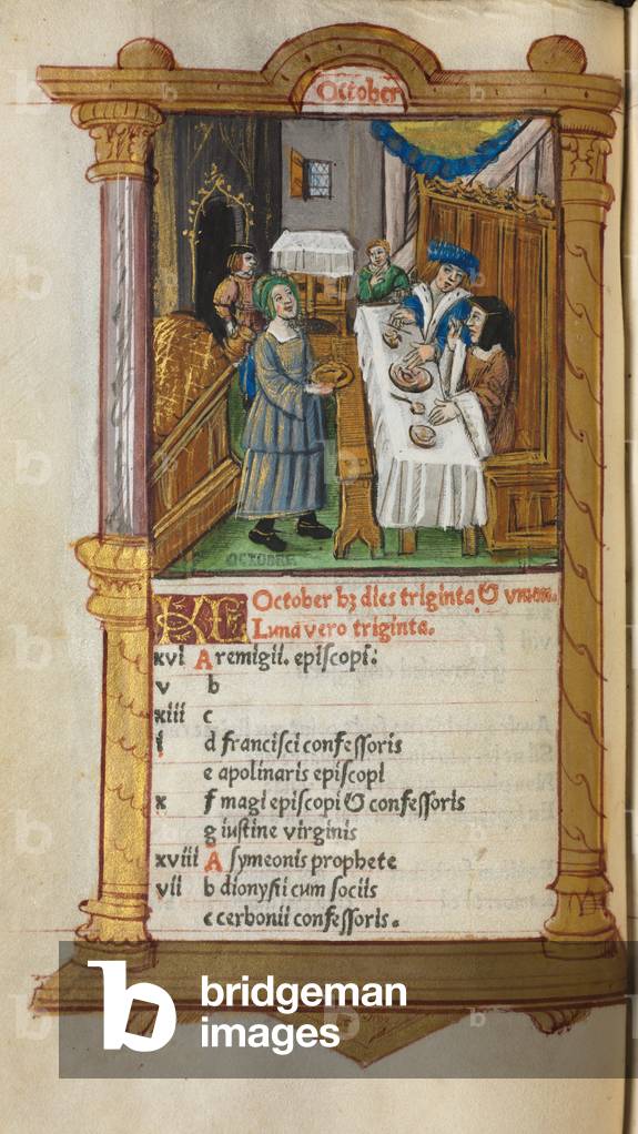 Printed Book of Hours (Use of Rome): fol. 11v, October calendar page, 1510 (112 Printed folios on parchment, b