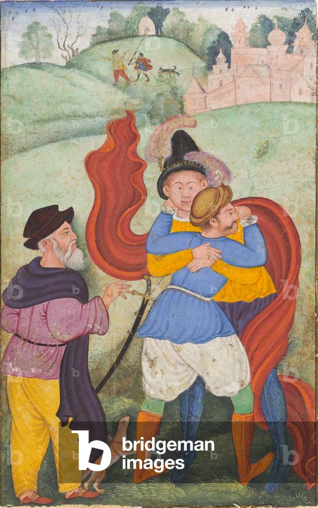 Europeans Embracing, c.1590 (opaque watercolour, gold, and ink on paper)

