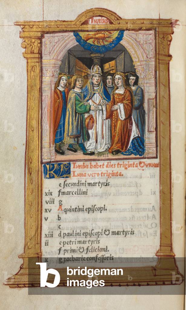 Libro d'ore stampato (uso di Roma): fol. 7v, illustrazione calendario giugno, 1510 (112 fogli stampati su perg