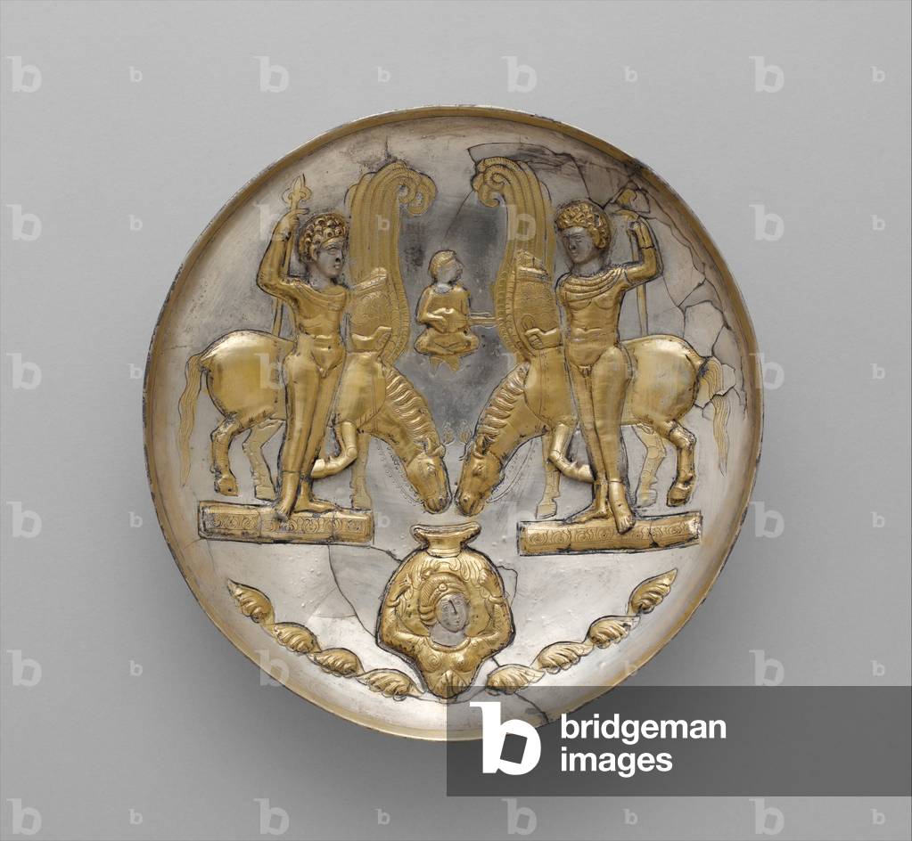 Plate with youths and winged horses, c.5th-6th century A.D (silver, mercury gilding)