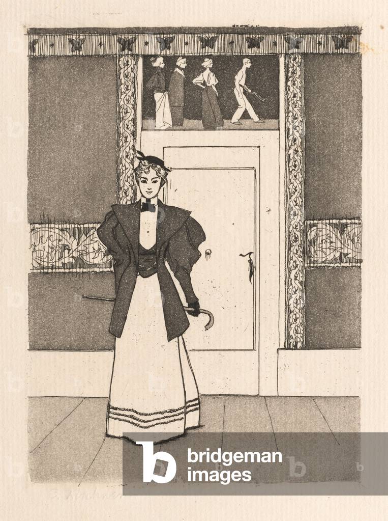 Interno con giovane donna in costume da passeggio, 1895 (incisione e acquatinta)
