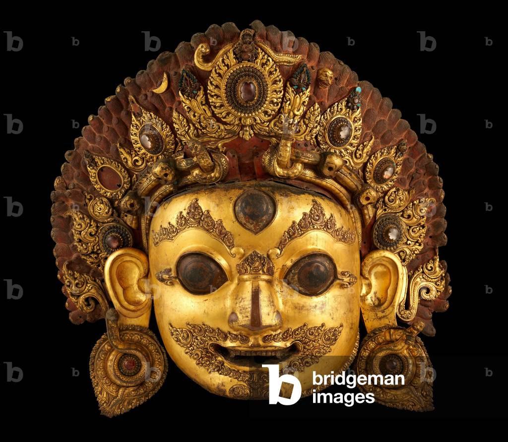 Head of Bhairava, c.16th century (painted gilt copper and rock cystal)