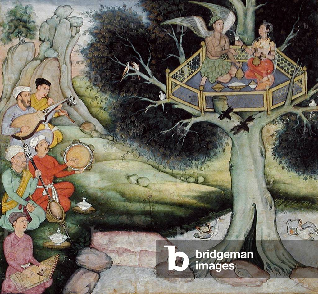 Somaprabha and a Celestial Nymph Listening to Music,  c.1590 (opaque watercolour and gold on paper)