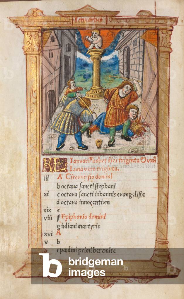 Libro d'ore stampato (uso di Roma): fol. 2v, illustrazione del calendario gennaio, 1510 (112 fogli stampati su