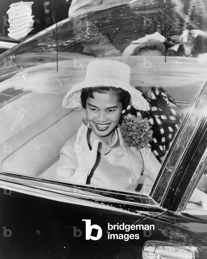 Queen Sirikit during a parade in New York City, July 1960 (b/w photo)
