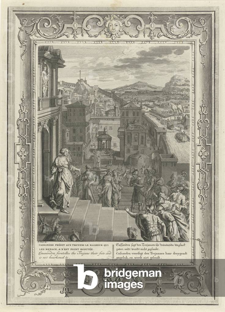 Cassandra predicts the downfall of Troy, 1731 (engraving)