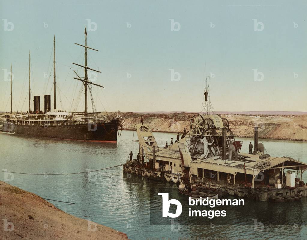 Suez Canal, ship and dredging machine, c.1900 (colour photochrom)