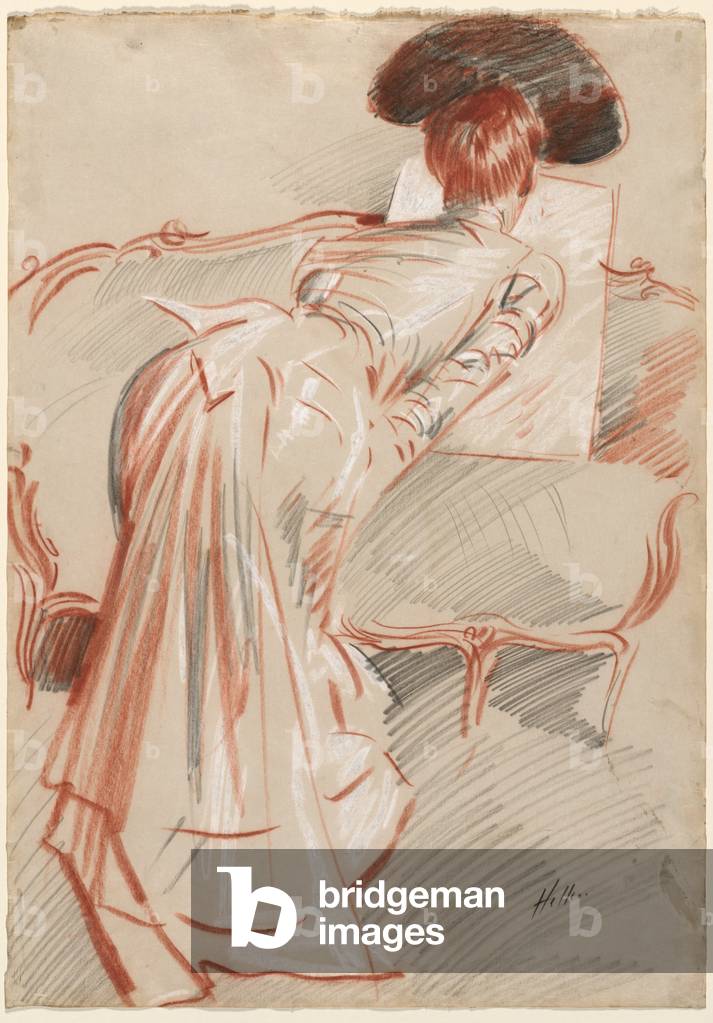 Frau (möglicherweise Madame Alice Hellu) betrachtet eine Zeichnung, um 1895 (schwarze, rote und weiße Kreide)
