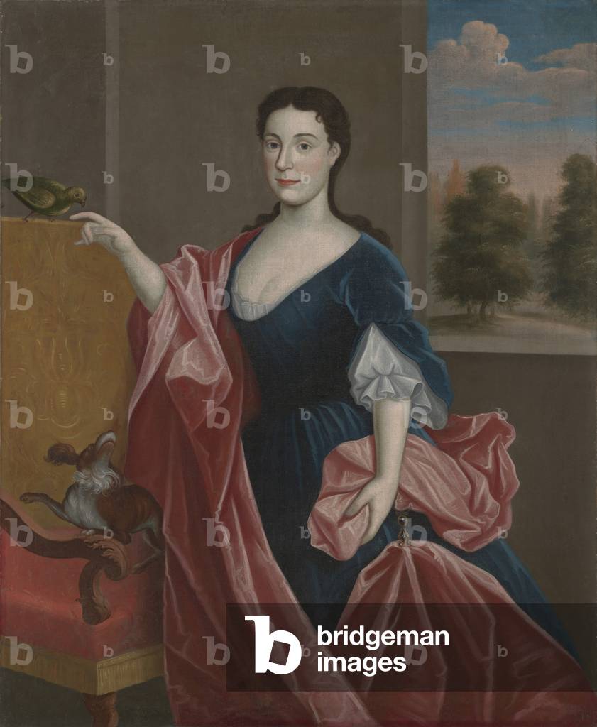 A Hudson Valley Lady with Dog and Parrot, c.1720-30 (oil on canvas)