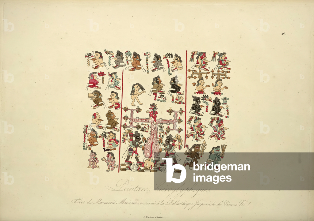 Hieroglyphic Paintings from Mexican Manuscript I, conserved at the Imperial Library of Vienna, illustration from 'Vues des Cordillères et Monumens des Peuples Indigènes de l'Amérique' by Alexander von Humboldt and Aime Bonpland, 1813 (hand-coloured aquatint)