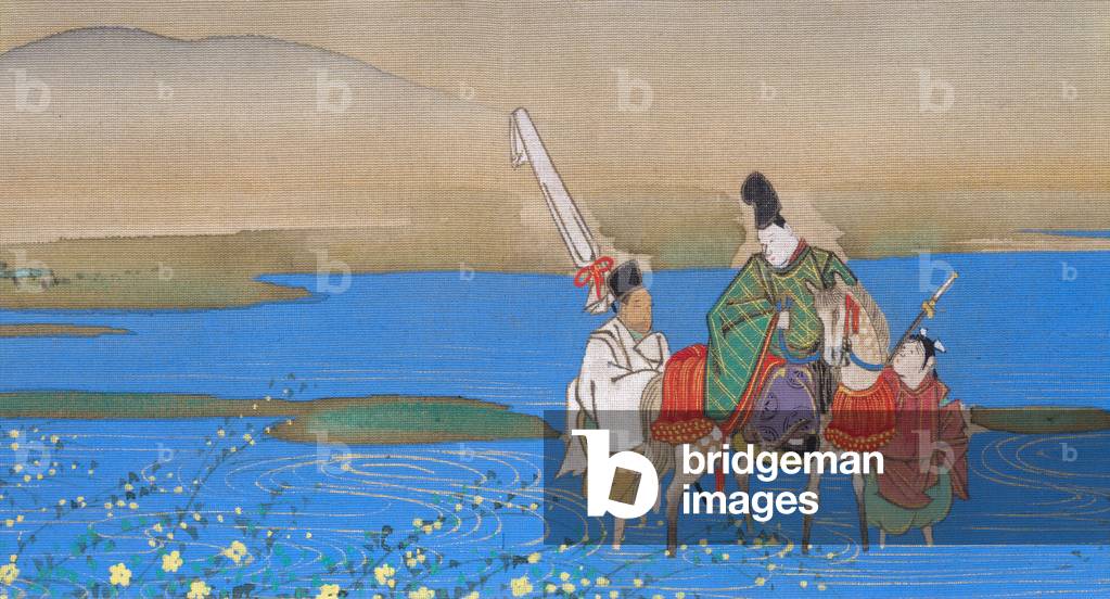 Male courtier on horseback crossing river, c.1839 (ink, colour and gold on silk)