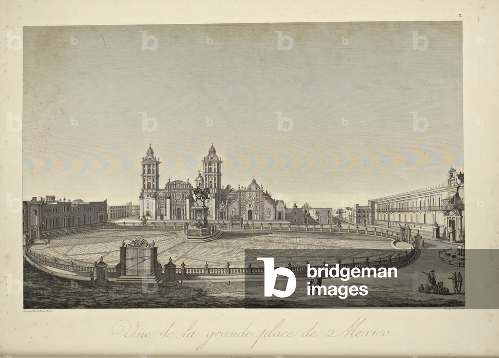 View of the main square, Mexico, illustration from 'Vues des Cordillères et Monumens des Peuples Indigènes de l'Amérique' by Alexander von Humboldt and Aime Bonpland, 1813 (hand-coloured aquatint)