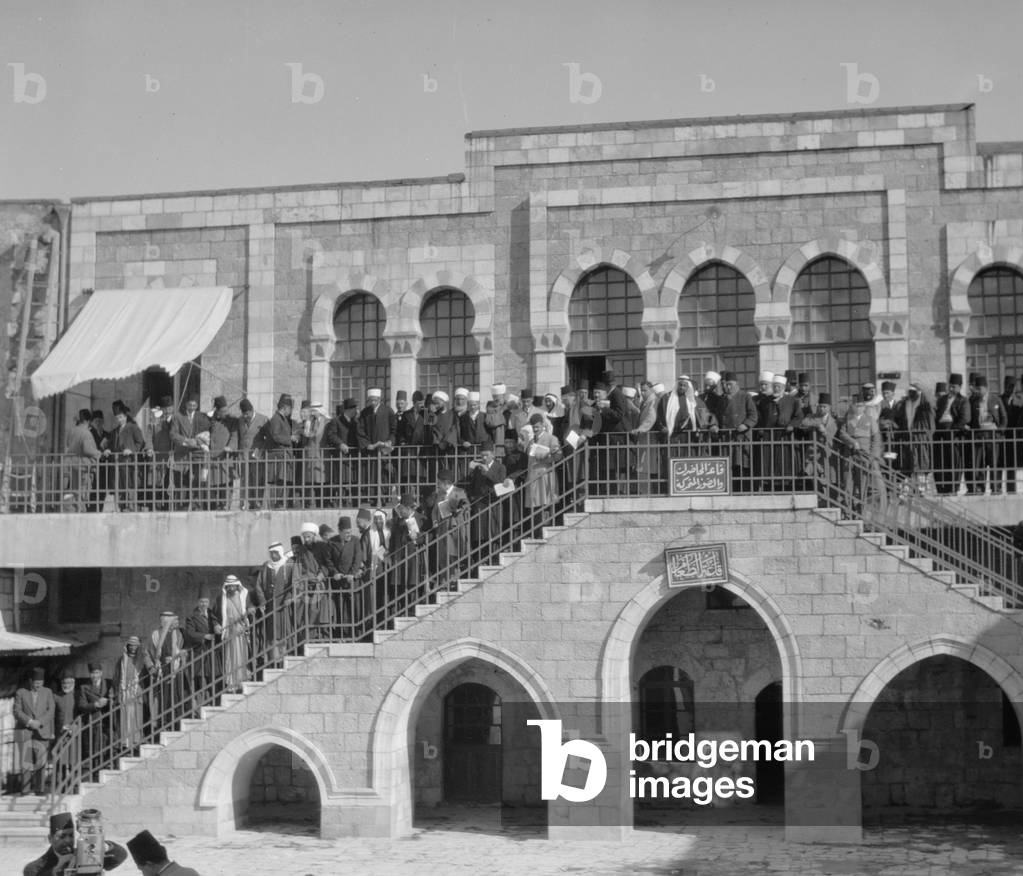 Arab meeting at the Rawdat el Maaref School on site of the Tower of Antonia, 1929 (b/w photo)