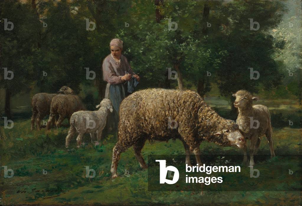 Schäferin mit Schafen, um 1876 (Öl auf Holztafel)