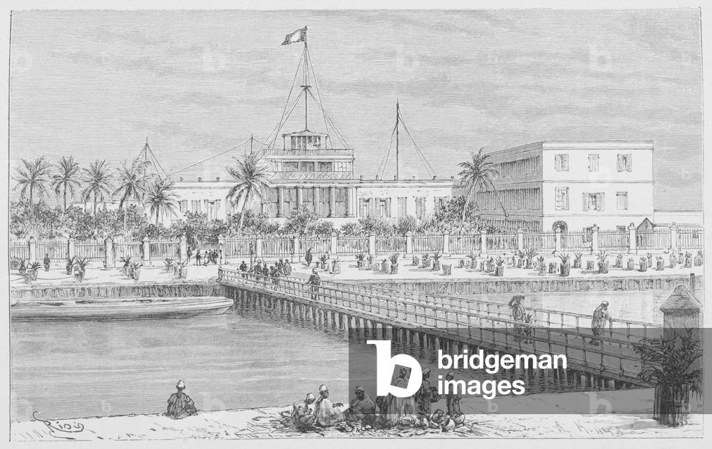 Saint-Louis, view of N'Dar, Pont de Guet, illustration from 'Le Senegal...' by Louis Leon Faidherbe, 1889 (engraving)