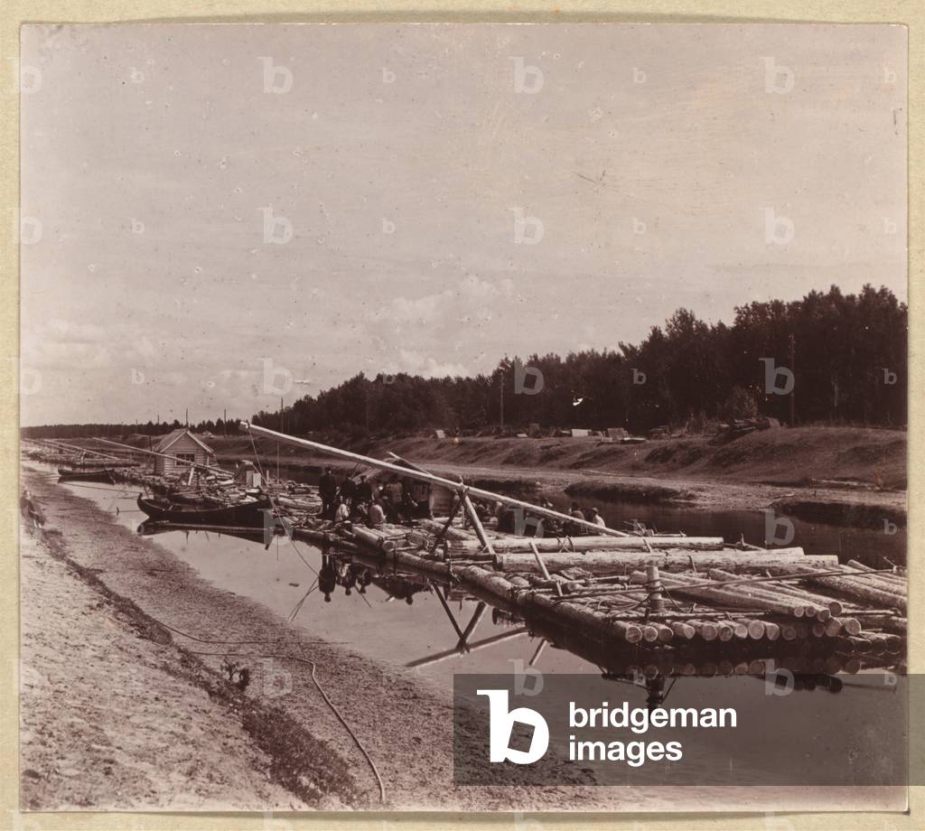 Log rafts, Volga-Baltic Waterway, Russia, 1909 (b/w photo)