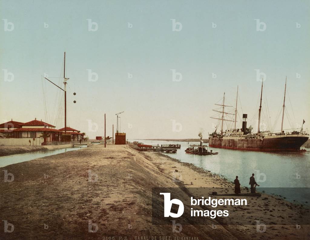 Suez Canal at El Qantara, c.1900 (colour photochrom)