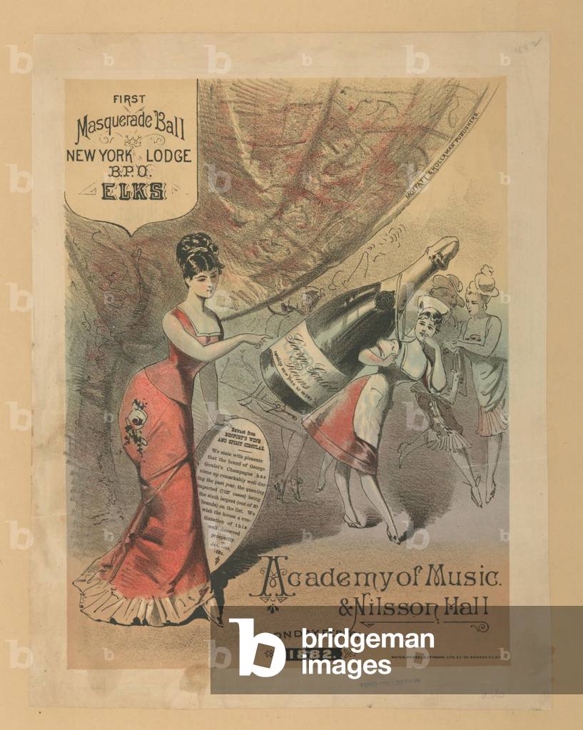 Advertisement for George Goulet's Champagne, and a masquerade ball at the Academy of Music & Nilsson Hall, c.1876 (colour litho)