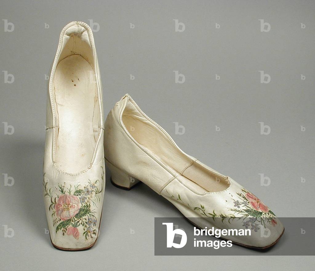 Pair of Woman's Wedding Slippers, c.1875 (kid leather, paint, sueded leather)