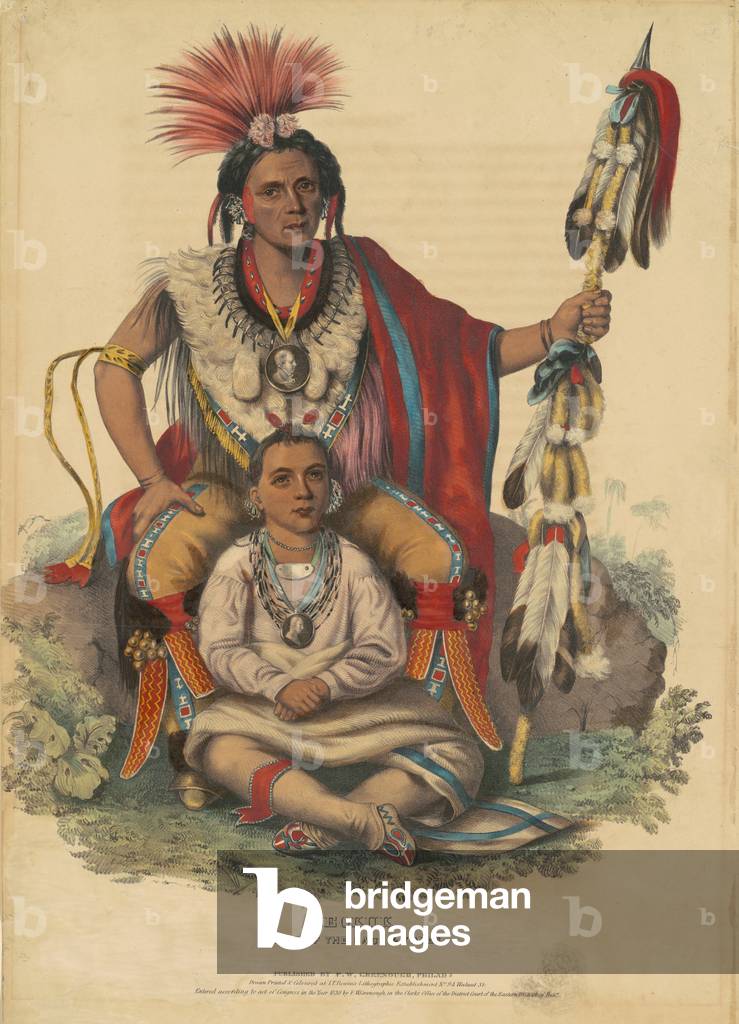Keokuk, Chief of the Sacs and Foxes, 1838 (hand-coloured lithograph on wove paper)