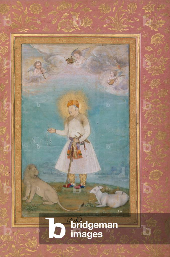 Akbar with Lion and Calf, c.1630 (ink, opaque , w/c and gold on paper)