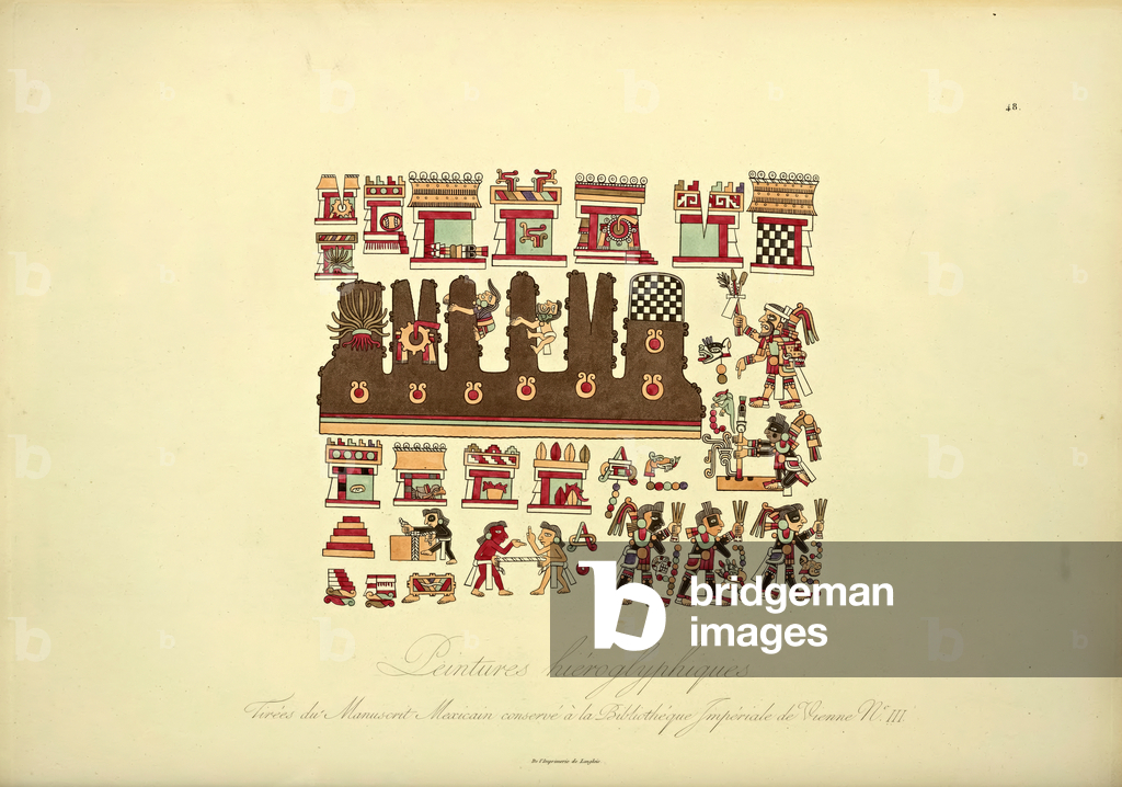 Hieroglyphic Paintings from Mexican Manuscript III, conserved at the Imperial Library of Vienna, illustration from 'Vues des Cordillères et Monumens des Peuples Indigènes de l'Amérique' by Alexander von Humboldt and Aime Bonpland, 1813 (hand-coloured aquatint)