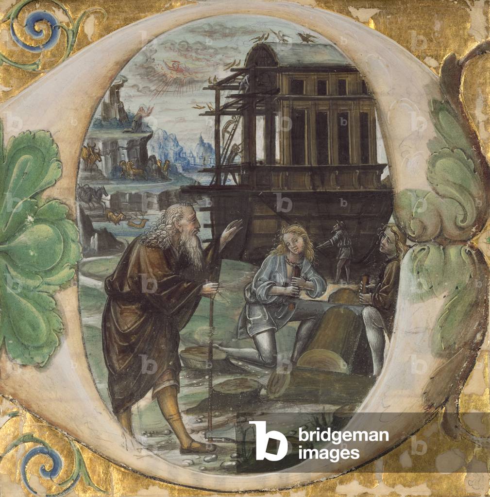Initial D: Noah Directing the Construction of the Ark, c.1500 (tempera, gold leaf and ink on parchment)