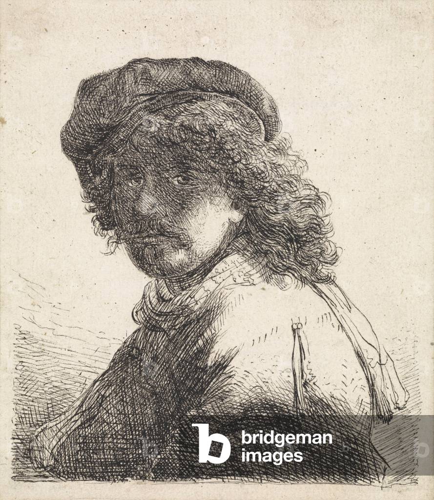 Rembrandt van Rijn in beret and scarf (pen and ink on paper)