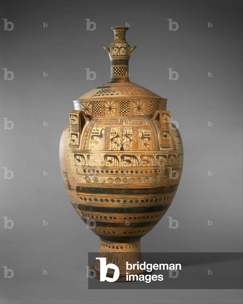 Terracotta krater with lid surmounted by a small hydria, c. 750–740 BC (terracotta)