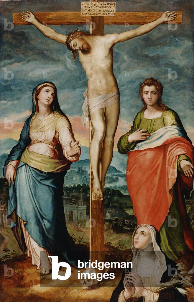 Christ on the Cross with Saints Mary, John the Evangelist and Catherine of Siena, c.1570 (oil on panel)