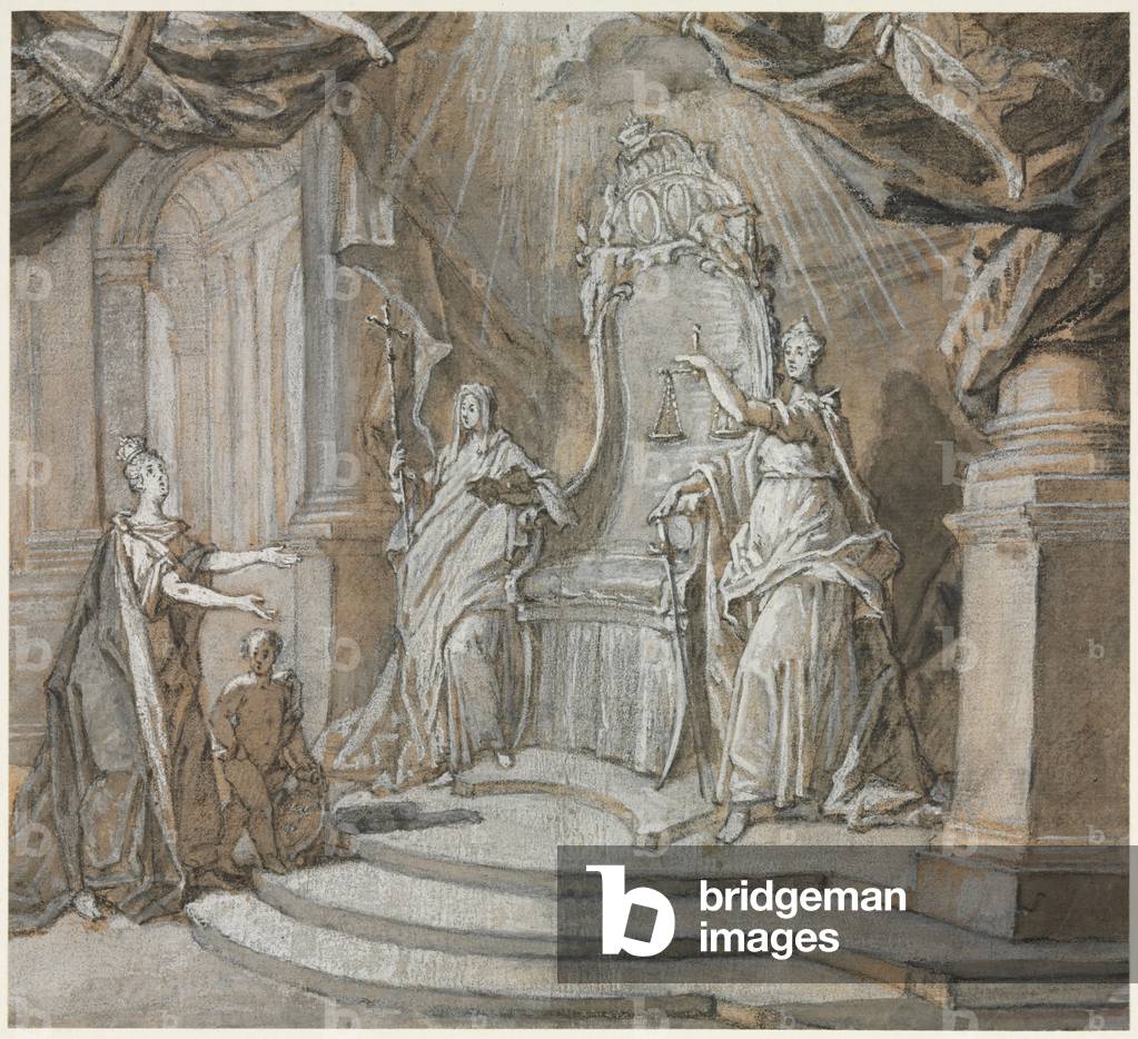 Madame de Maintenon Returning to the Catholic Church, 1700s (black chalk and brown wash, heightened extensivel