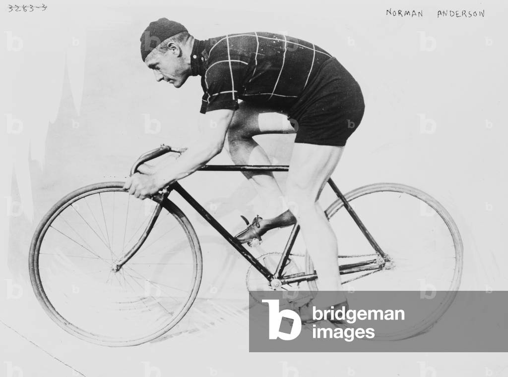 Norman Anderson on a racing bicycle, 1914 (b/w photo)

