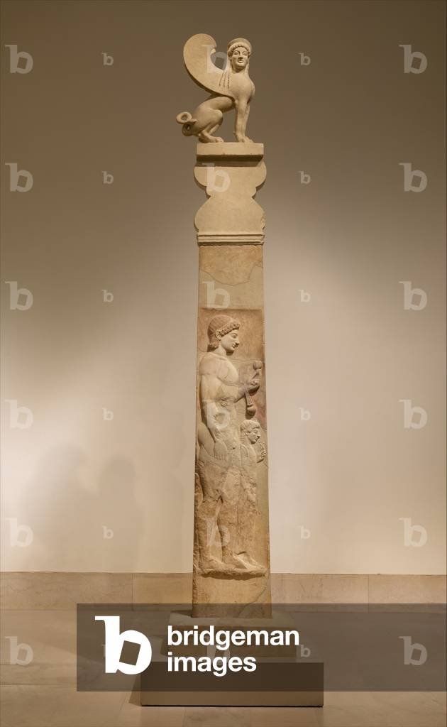 Stele, grave marker, of a youth and little girl with capital and finial in the form of a sphinx, c.530 BC (marble)