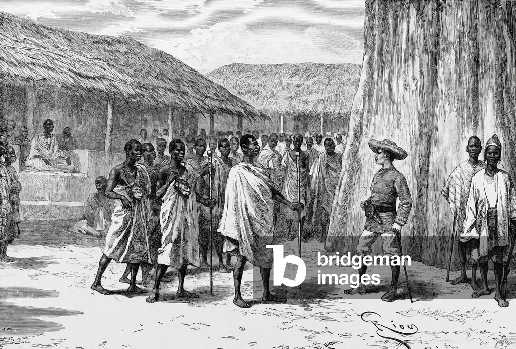 The signing of the treaty at Aouabou, illustration from 'Du Niger au Golfe de Guinee...', by Louis Gustave Binger, 1892 (engraving)
