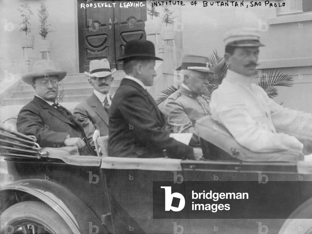 President Roosevelt leaving Institute of Butantan in Sao Paolo with Secretary of State Altino Arantes, 1913 (b/w photo)