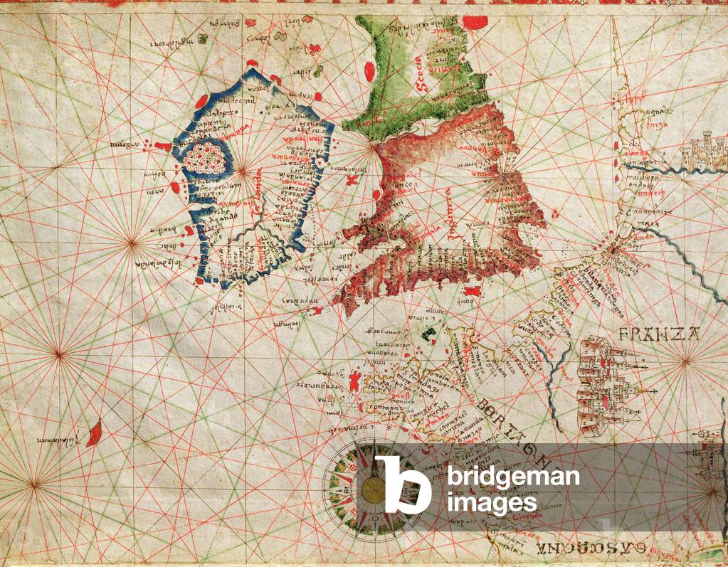 The French Coast, England, Scotland and Ireland, from a nautical atlas, 1520 (ink on vellum) (detail from 3309