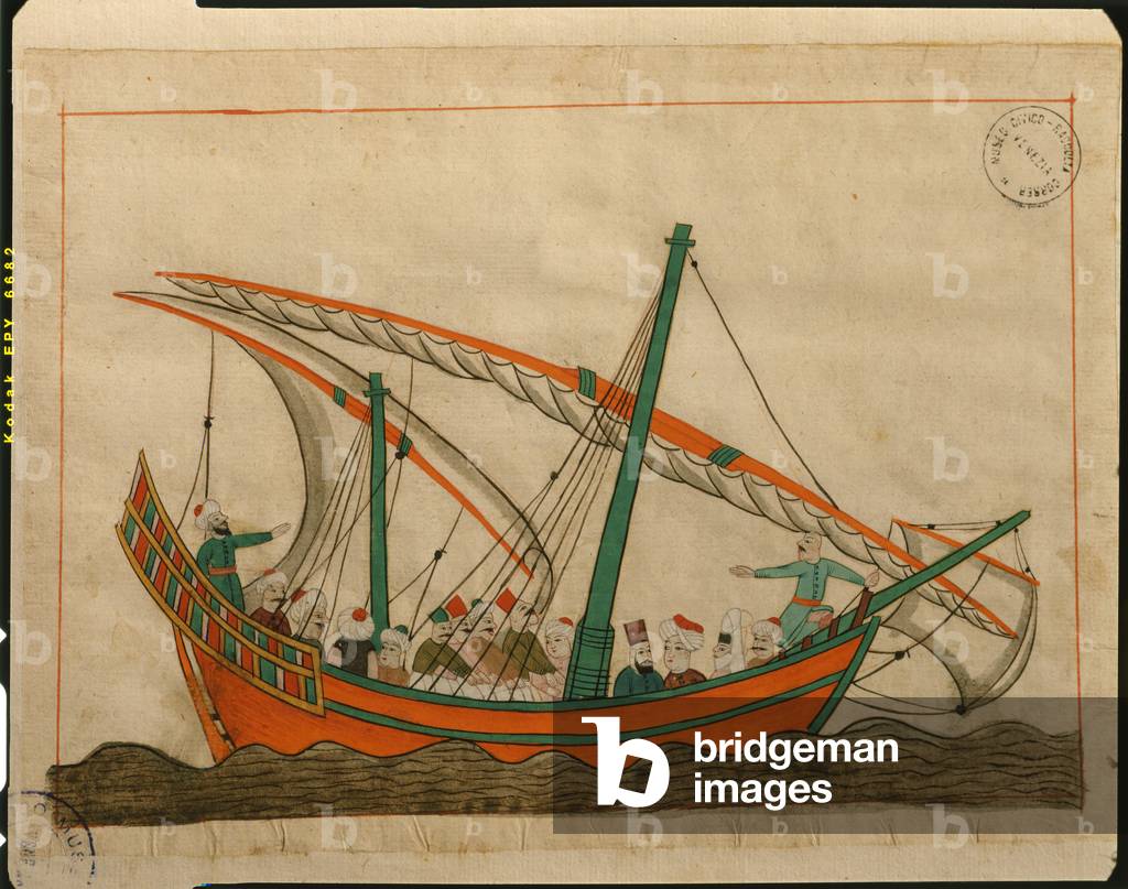 Ms. cicogna 1971, miniatura delle Memorie Turchesche raffigurante una nave passeggeri (penna & inchiostro su c