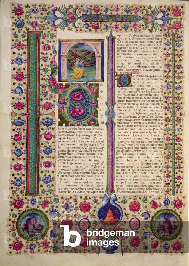 Fol.87v Opening of the Book of the Prophet Hosea (a minor prophet who preaches against idolatrous Jews), from the Borso d'Este Bible. Vol 2 (vellum)