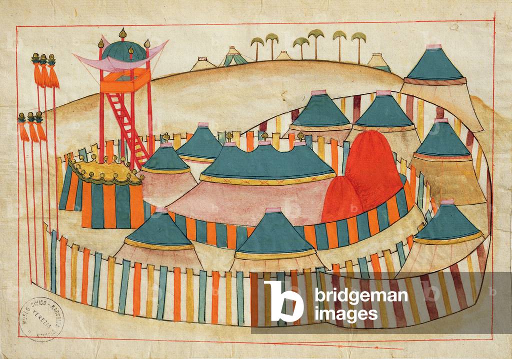 Ms. cicogna 1971, miniature from the 'Memorie Turchesche' depicting a Turkish camp with look-out tower (pen & ink on paper)