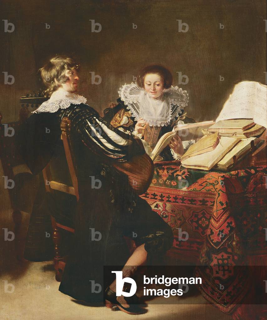 Bild von Gemälde "Die Musikstunde (Öl auf Platte)", 17. Jahrhundert von Thomas de Keyser, b/w